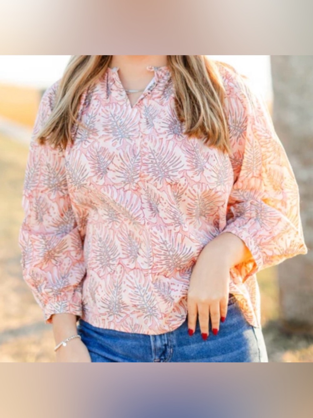 NWT Victoria Dunn Peach/Orange Long Sleeve Flower Print Blouse